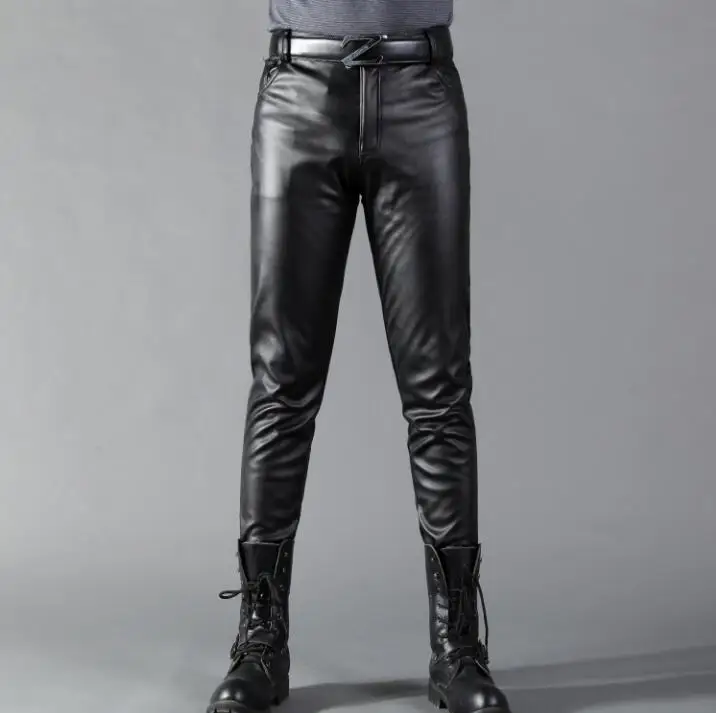 Hot tide black leather pants Men Korean Skinny Slim Leather Pants New PU leather pencil pants Slim Casual Male leather Trousers