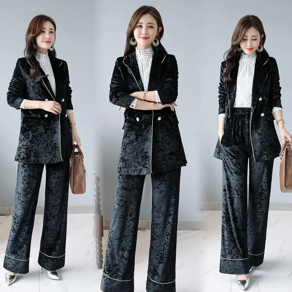 

Spring Work Pant Suits OL Double Breasted velvet Blazer Jacket & Elastic waist Pant 2 Piece Sets Suit Women Outfits Feminino