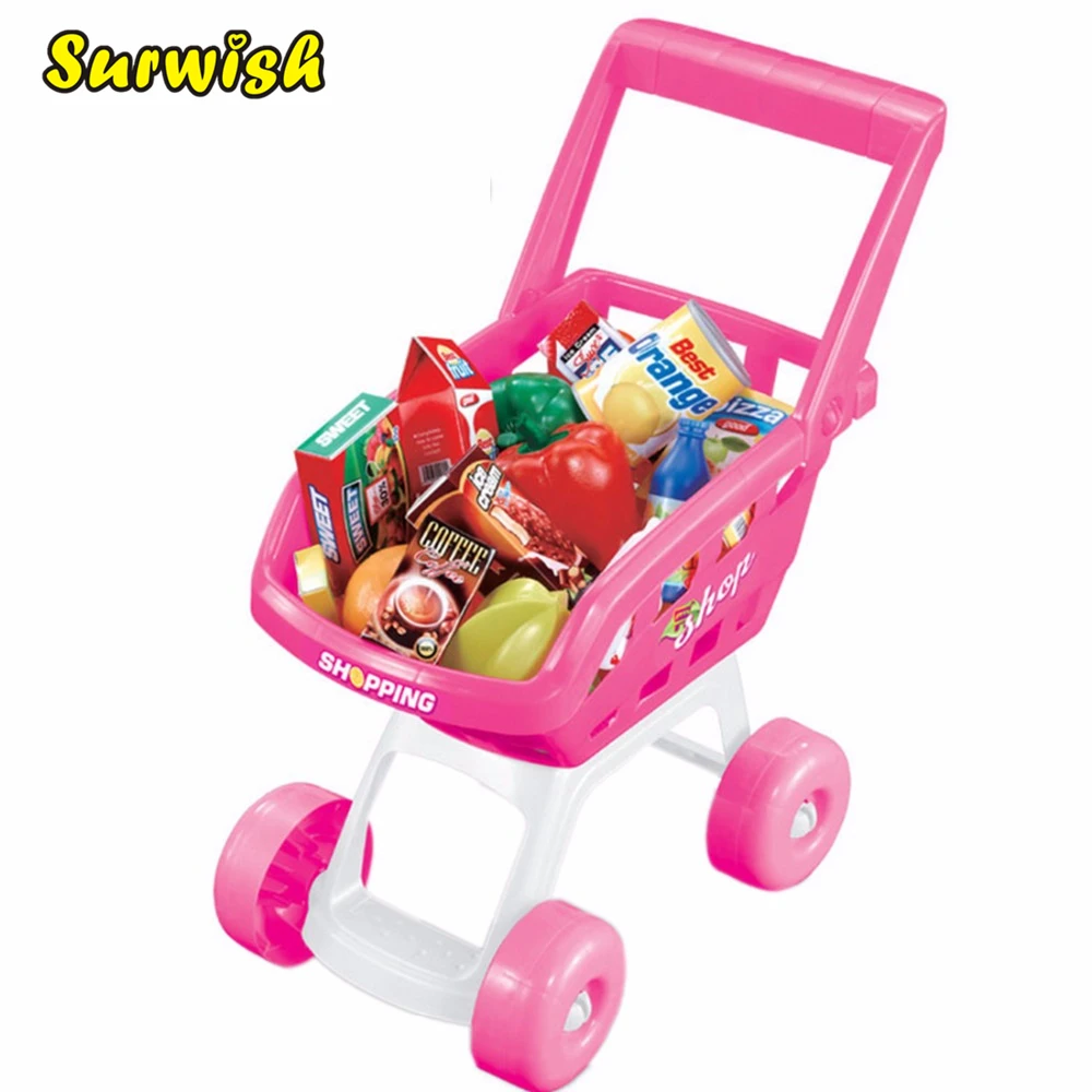 

Surwish Mini Supermarket Shopping Cart Storage Box Shopping Trolley with Grocery Food Toy Fun Prentend for Kids - Pink