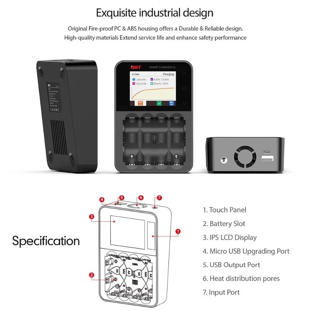  ISDT C4 8A Touch Screen Smart Battery Charger with USB Output for 18650 26650 AA AAA Battery with I - 32981221192