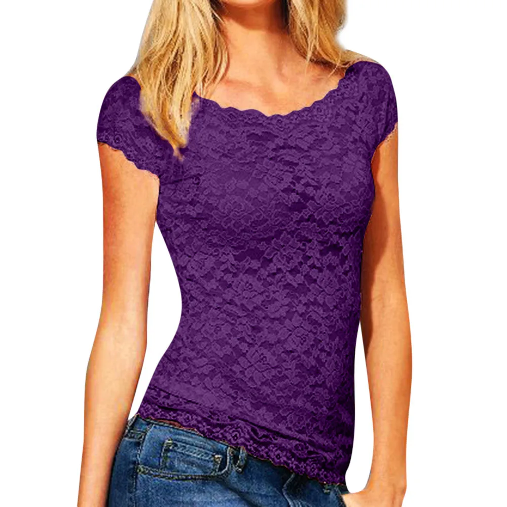 Женская Повседневная приталенная однотонная Кружевная футболка с короткими рукавами, обычная одежда, длинные рубашки, сексуальный О-вырез c0403 - Цвет: Purple