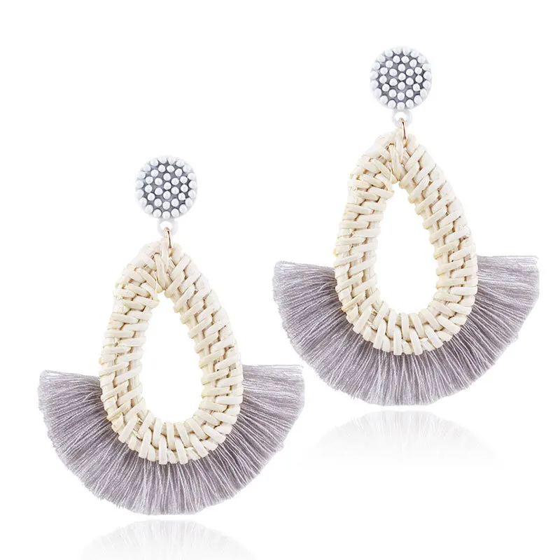 STRATHSPEY Handmade Tassel Earrings For Women Geometric Straw Rattan Earring Ethnic Wood Fringe Earing pendientes | Украшения и
