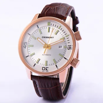 

часы44.5mm DEBERT White Dial miyota82/ seagull movement Mechanical Automatic wristwatches Leather Straps Rosegold Case Watch men