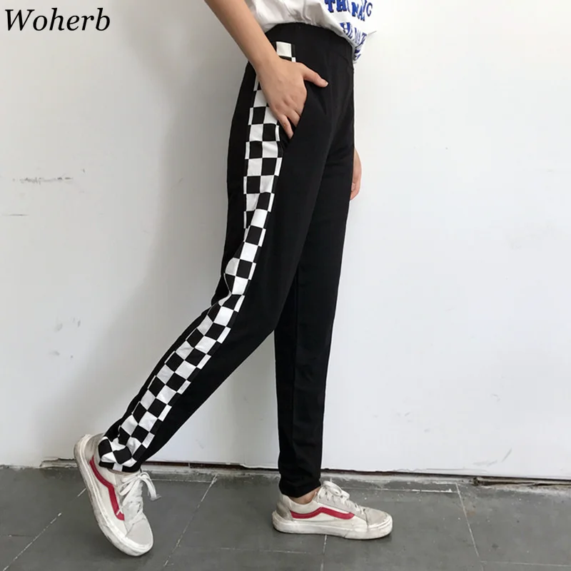 

Woherb Side Checkerboard Straight Pencil Pants Women 2019 Korean Casual Ankle Length Pants Female Black Joggers Streetwear 22791