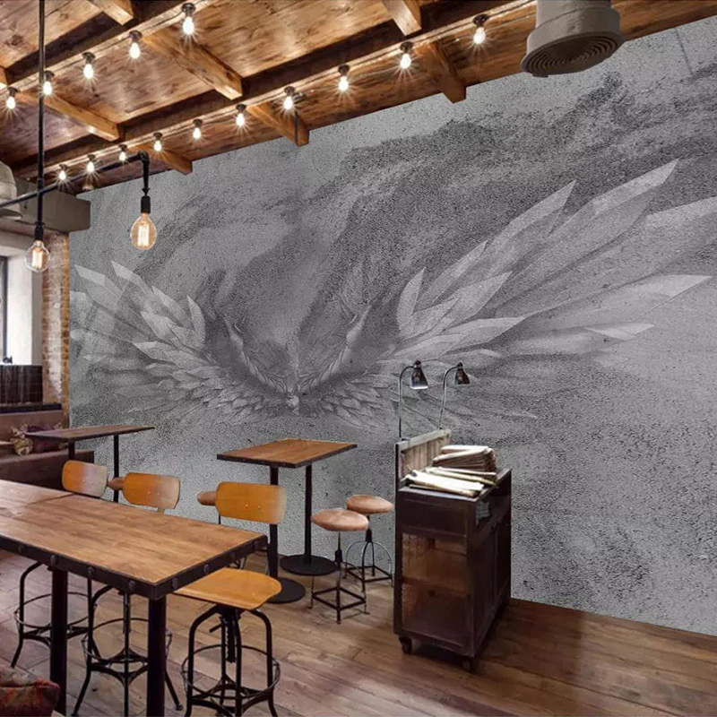 Заказ росписи обои ретро серый цемент стены Крылья Ангела абстрактного искусства Настенная живопись отель, ресторан, кафе настенные Декорации для бара