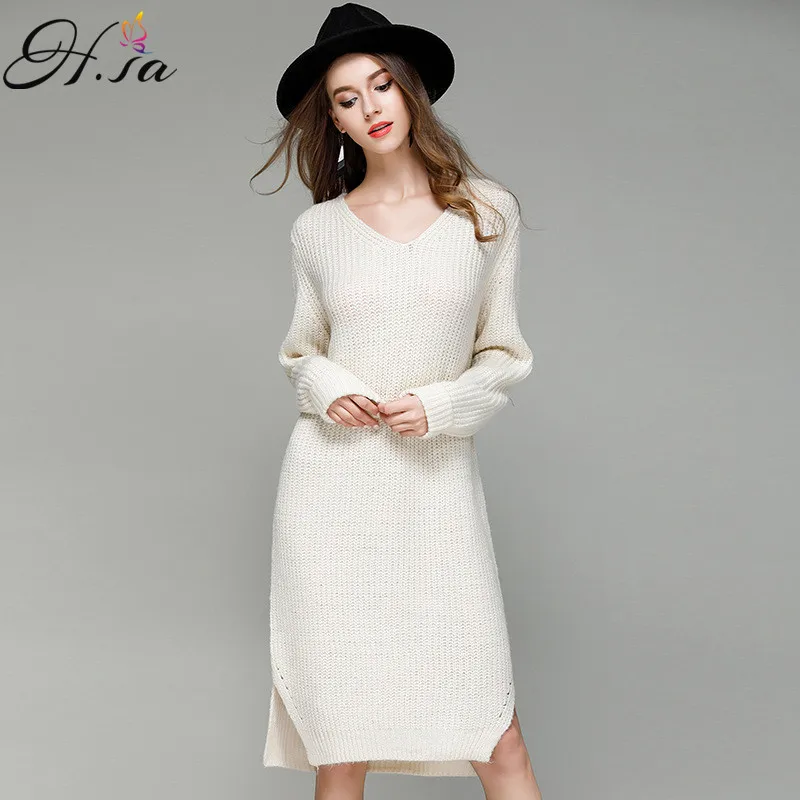 

H.SA Women's Pullover and Sweaters Solid V neck Long Pull Sweaters Side Split Autumn Winter Knit Jumper Pullovers inverno 2017