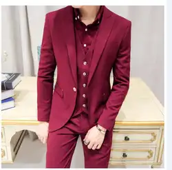 Последние конструкции пальто брюки бордовый Нарядные Костюмы для свадьбы для Для мужчин Пром Slim Fit 3 предмета смокинг на заказ жениха