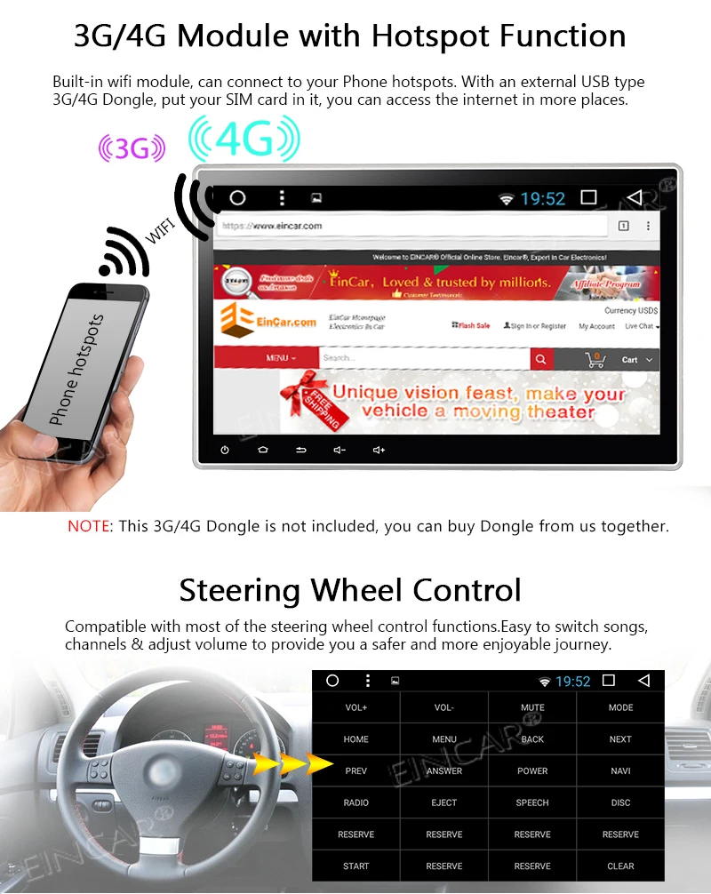 Flash Deal Eincar Bluetooth Stereo Receiver supports Quad Core 3D GPS Split Screen Double Din 7.0 Inch 1024*600 HD Touch Screen Steering 5