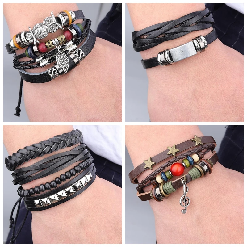 

New Style Leather Multilayer Braided Bracelet For Men Handmade Charm Vintage Black Bangle Jewelry Accessories