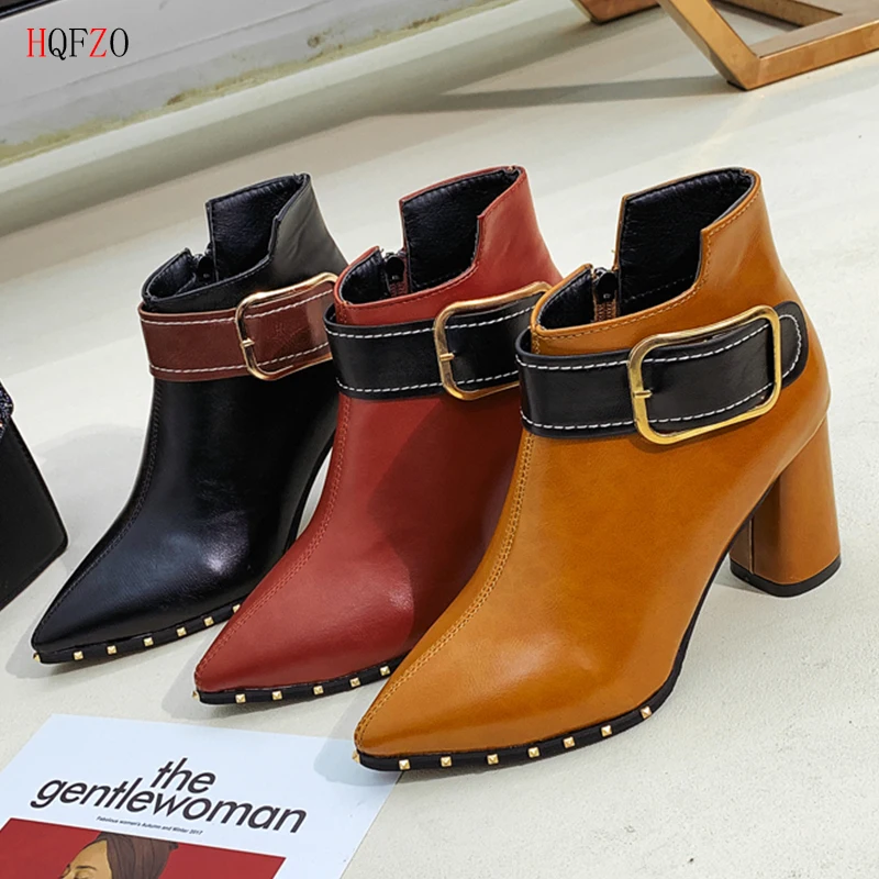 

HOFZO Pointed Toe Fashion Leather Autumn Black Ankle Boots Block Heels Rivet Buckle Jumps Booties Platform Women Shoes Black