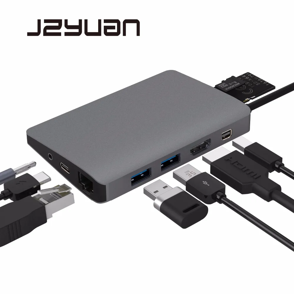 

JZYuan 9 in 1 USB C 3.1 HUB 4K Video HDMI Gigabit Ethernet Adapter With Mini DP 3.5mm Audio Type C PD Charging Dual USB 3.0 HUB