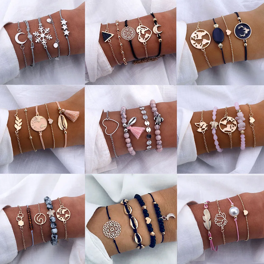 

15 Design Bohemian Geometric Stone Bracelet Set for Women Vintage Rope Taseel Sequin Moon Map Elephant Heart Leaf Female Jewelry