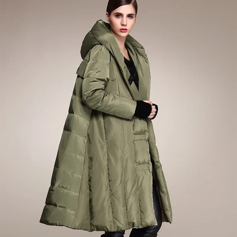 

Winter Plus size 90% duck down coat fashion brand hooded cloak style long down jacket women's loose thicker warm coat wj1307