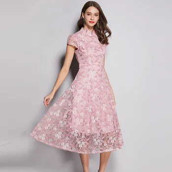 

2019 Dress Sexy Celebrity Pink Short Print Lace Women Hollow Out Large Size O Neck Night Club Body con Party Dresses Wholesale
