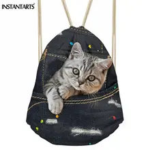 INSTANTARTS Повседневное черный деним животных кошки собаки 3D принт Для женщин завязки сумки модные путешествия Softback Строка Рюкзак для подростков