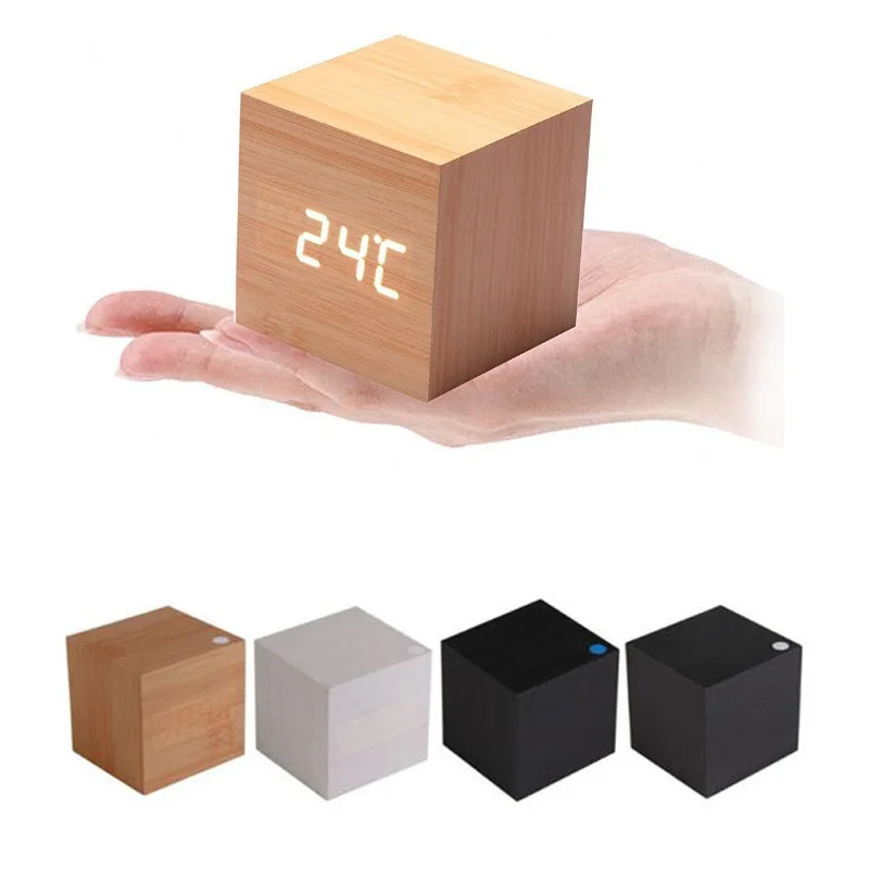 

Mini Cube Wooden Clock Voice Control Electronic desk Clock LED Digital wood table Watch Nixie For Children Bedside Alarm Clock