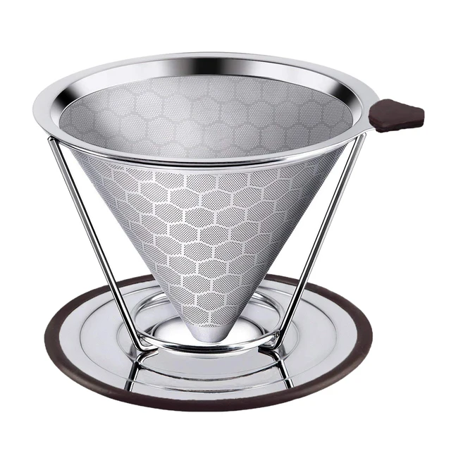 Cheap Premium Stainless Steel Coffee Filter, Reusable Pour Over Coffee Dripper Cone With Non-slip Cup Stand , Paperless. Honeycomb D