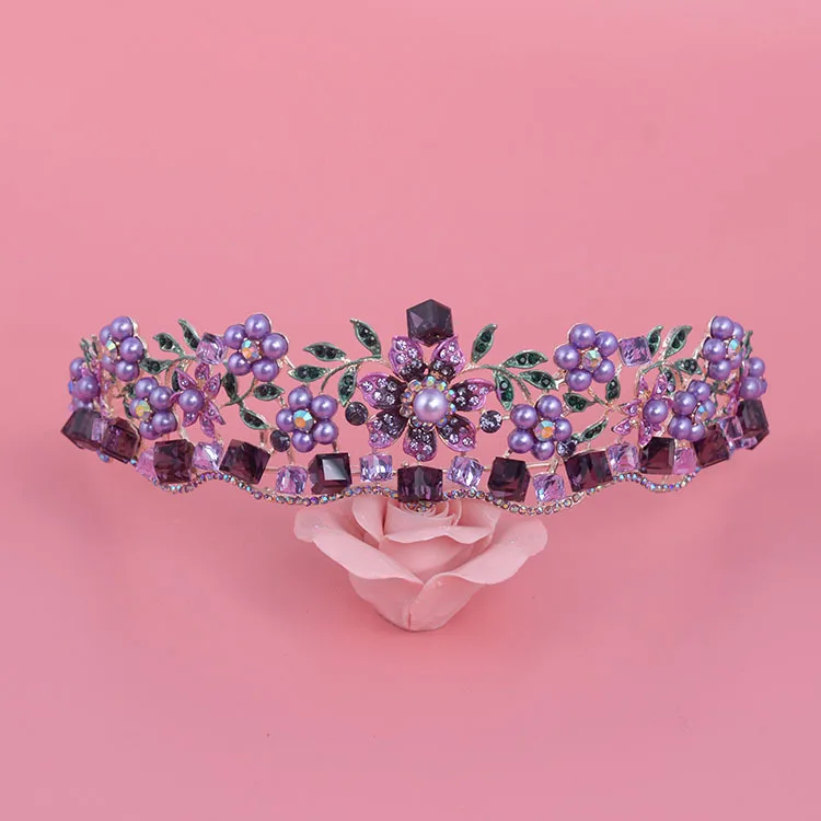 Baroque Purple Crystal Pearl Bridal Crown Tiara Rhinestone Diadem Bride Headband Wedding Hair Accessories hair accessory,hair headdress,bridal headwear,hair band crown,jewelry accessories