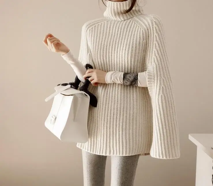 

Women Knitted Sweater Pullover Cloak Top Turtleneck Cape Elegant England Casual Blouse Autumn Winter New Arrival 2018