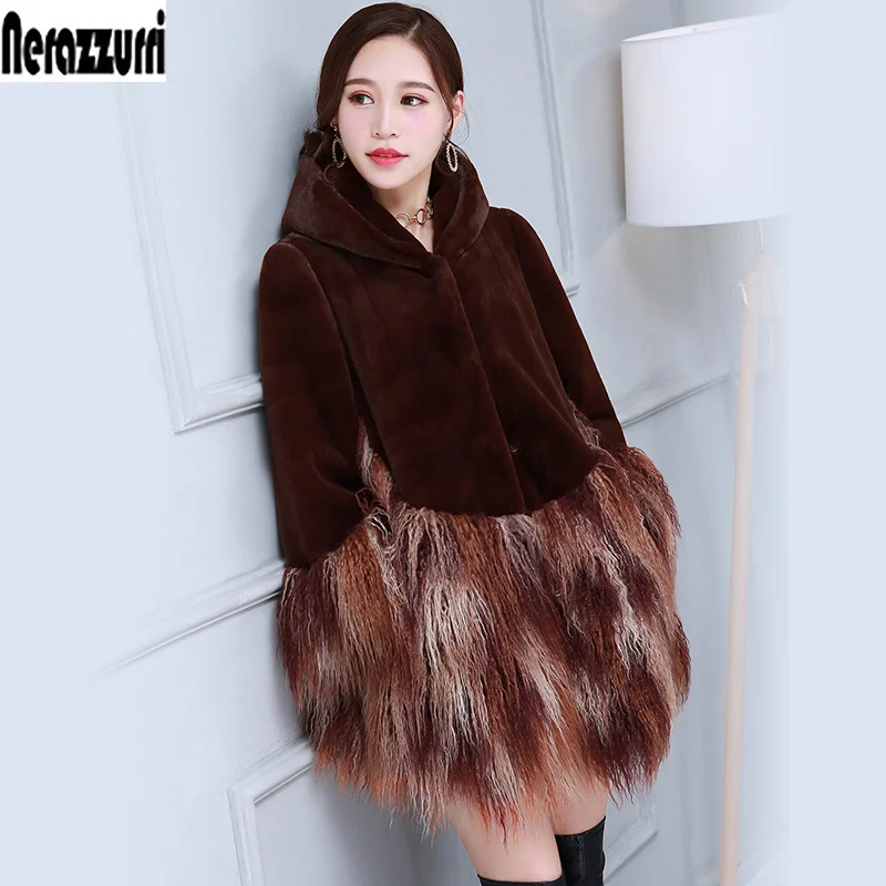 Nerazzurri, зимнее женское пальто из искусственного меха с капюшоном, теплое пушистое пальто из искусственного меха, большие размеры, Лоскутная меховая верхняя одежда, 5xl, 6xl - Цвет: coffee