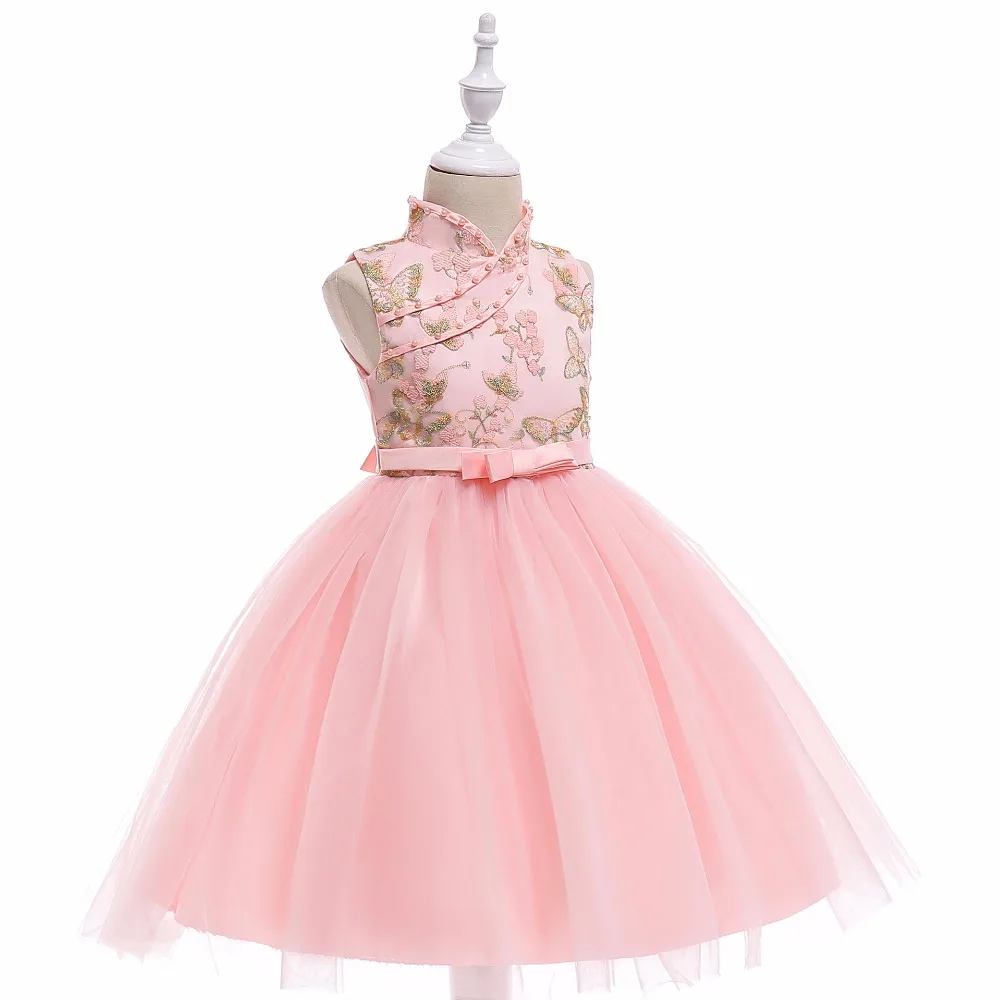 

High Quality Knee-Length Flower Girls Dress With Ribbon Belt Mesh Ployster Tiered Girls Evening Prom Long Dress