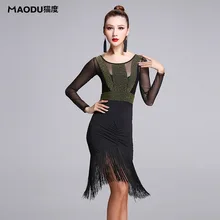 Sexy fashion Long-sleeve Gauze Irregular Latin Dance Tassel one-piece dress for women/female, Ballroom tango Costumes MD7122