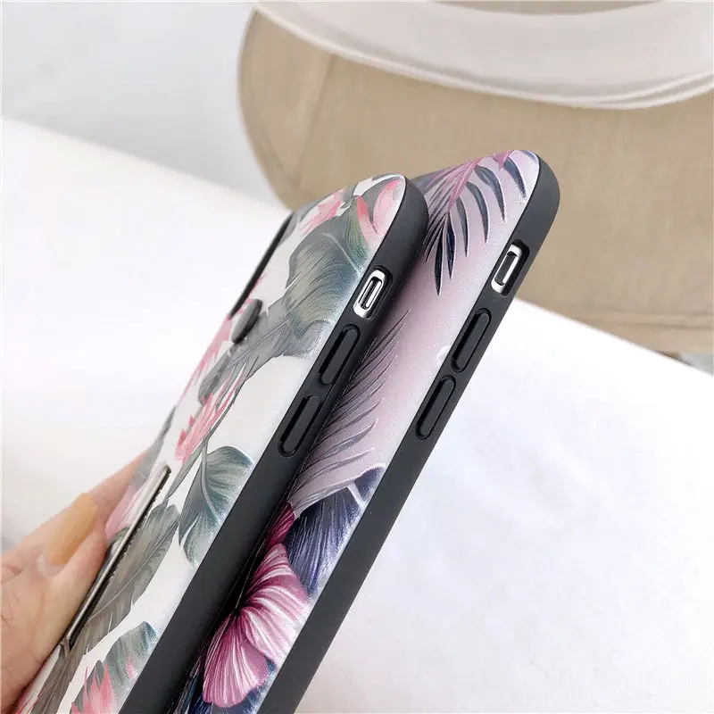 حلقة حلقة جراب هاتف ل أبل فون XR XS X 6 6 S 7 8 زائد الأزياء زهرة يترك إخفاء حلقة حامل حامل غطاء ل فون XS ماكس