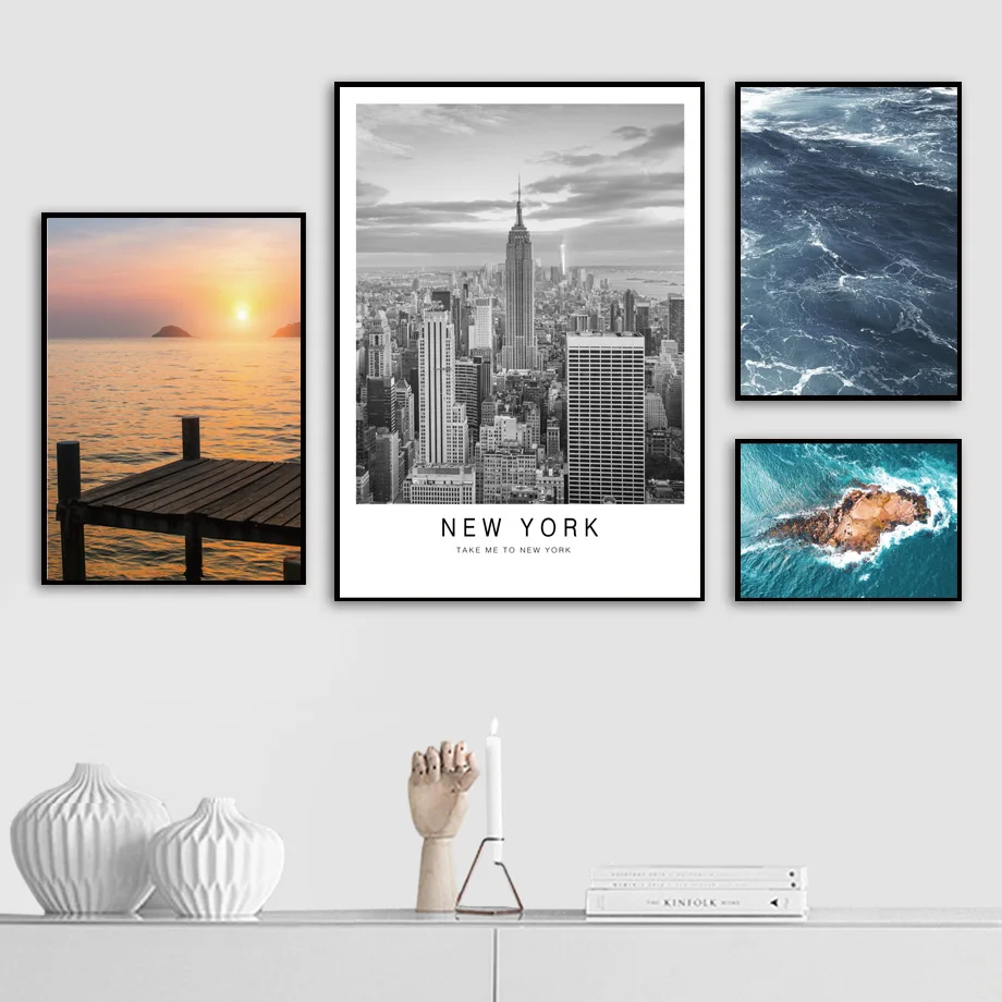 

New York Sea Sunset Island Bridge Quotes Wall Art Canvas Painting Nordic Posters And Prints Wall Pictures For living Room Decor