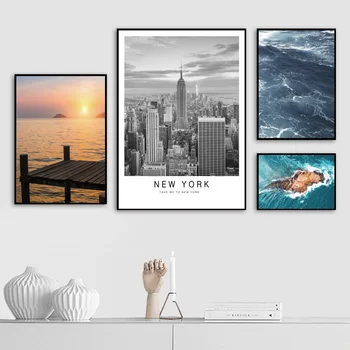 

New York Sea Sunset Island Bridge Quotes Wall Art Canvas Painting Nordic Posters And Prints Wall Pictures For living Room Decor