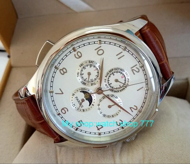 

44mm PARNIS White dial Automatic Self-Wind Multi-functionmen Men's Watch wholesaleMechanical watches 0240aa