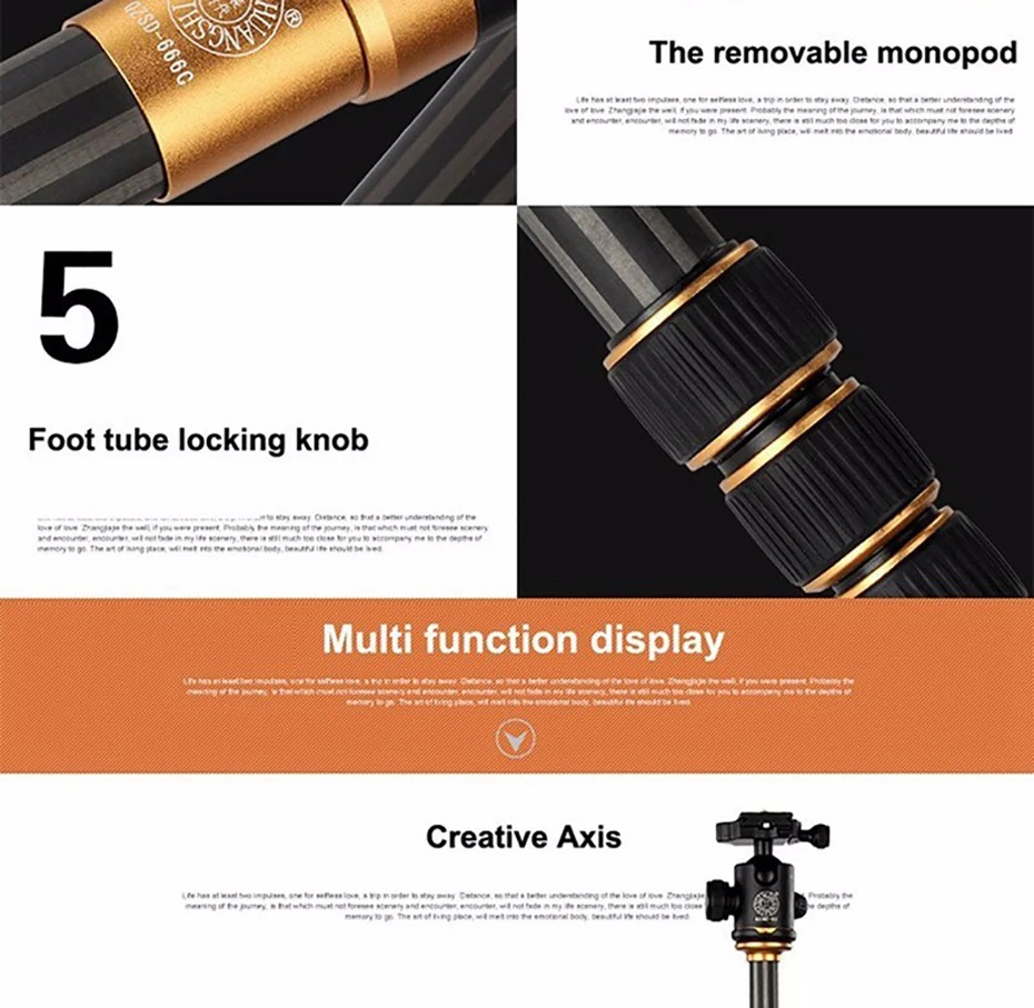 QZSD Q666C Carbon Fiber Professional Camera Tripod Video Monopod Extendable Trav