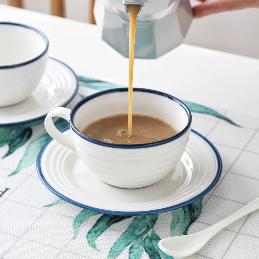 

MUZITY Ceramic Coffee Cup and Saucer Thread Design with Dark Blue Line Porcelain Tea Cup Set Drinkware