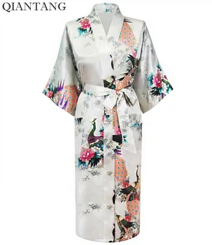 

White Women Bath Robe Gown Wedding Bride Bridesmaid Dressing Night Robe Ladies Faux Silk Kimono Sleepwear Nightgown Plus Size