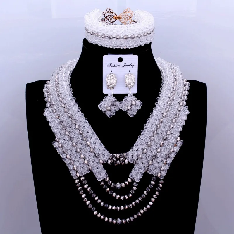 

4UJewelry Crystal Jewelry Set Transparent white Silver Braid African Beads Necklace Set of Jewelry Bridal Party Women Jewellery