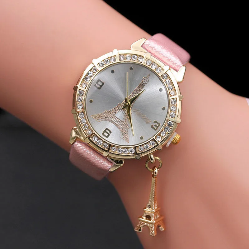 Роскошные Кварцевые женские часы наручные Эйфелева башня горный хрусталь кулон женские наручные Женские повседневные подарочные часы Relogio Feminino
