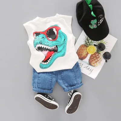 Toddler Boy Clothes Children's Summer New Cartoon Pullover Vest Shorts Two-piece Boy's Children's Sleeveless Vest Suit - Цвет: Армейский зеленый