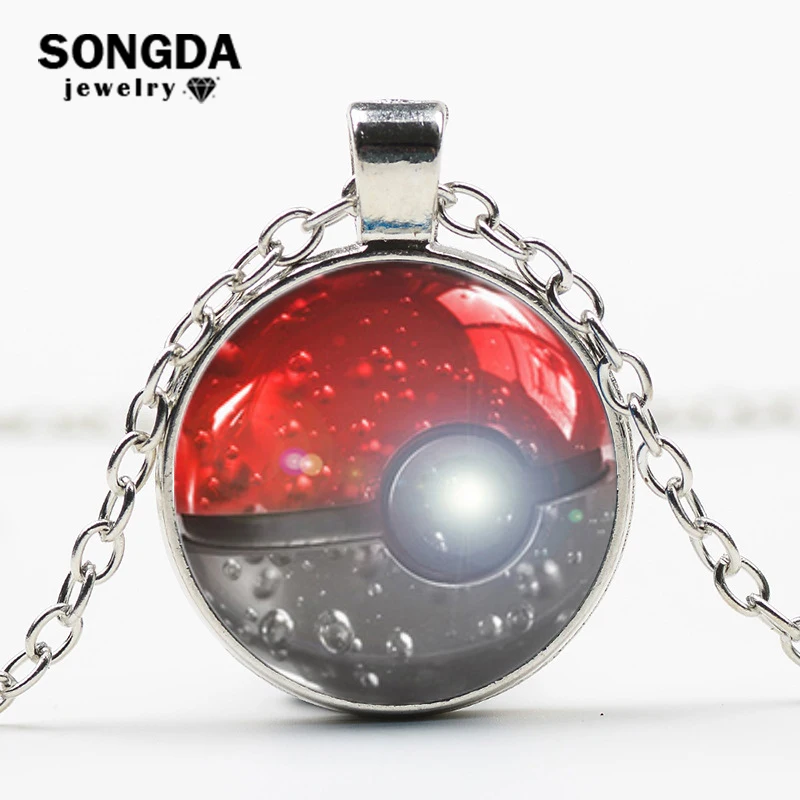 SONGDA Anime Pokemon Necklace Crystal Glass Cabochon Cartoon Poke Ball ...