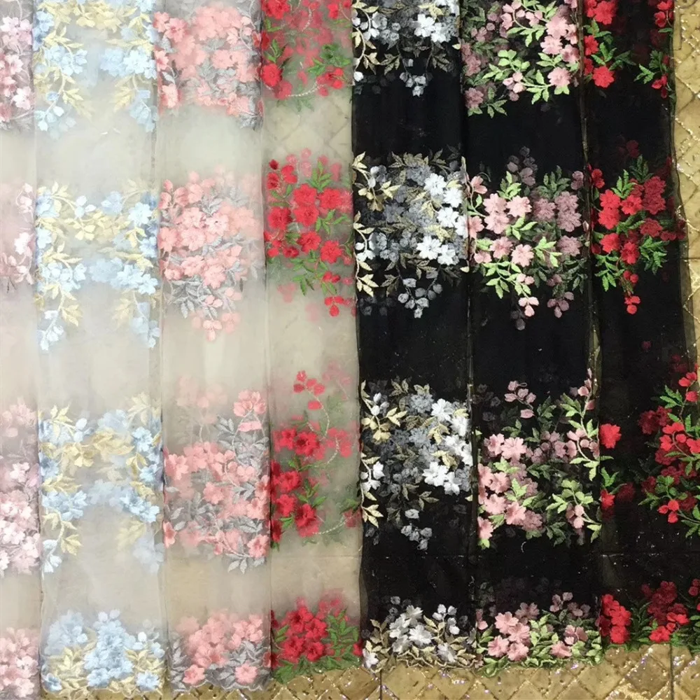 

2019 High Quality Nigerian Lace Fabrics Polyester Silk Mesh Yarn Bottom Flowers Embroidery 9 Colors For Dress DIY Accessories