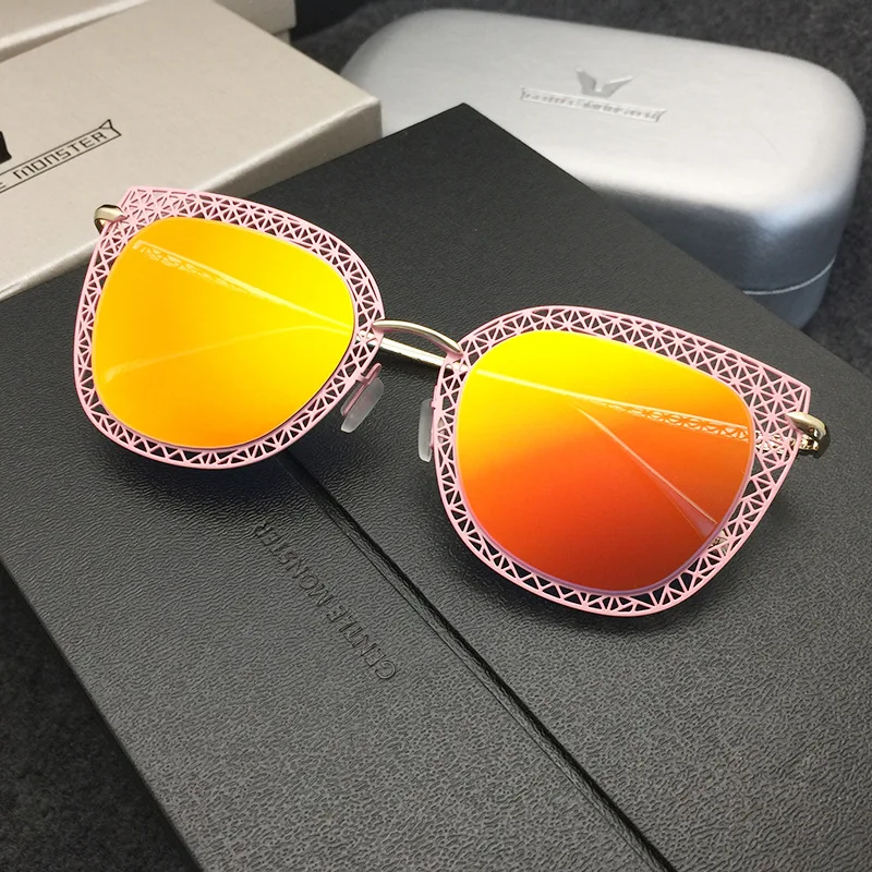 

2016 Summer New Design Fashion Ladies sunglasses Cat Eye Shape Hollow Metal Frame Reflective Lens Men Women lentes de sol