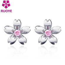 RUOYE New Fashion White Pink Crystal Flower Stud Earrings Sweet Korean Earrings For Women Silver Ear Jewelry For Girl