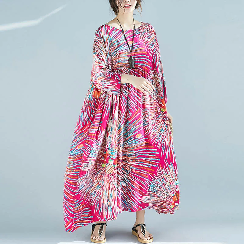 Red dress Платье макси размера плюс 4XL 5XL 6XL 7XL с принтом из хлопка и льна, женское пляжное платье в стиле бохо, большие свободные платья с рукавами летучая мышь, лето, новое поступление - Цвет: Red dress