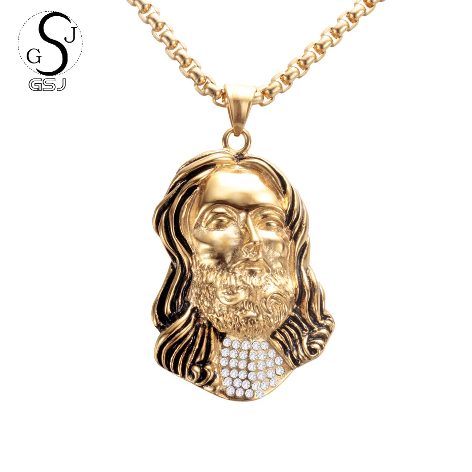 

GSJ gold Color Pendants Christian Jesus Stainless Steel Necklace Vintage Manual Mosaic crystal figure for Men Jewelry wholesale