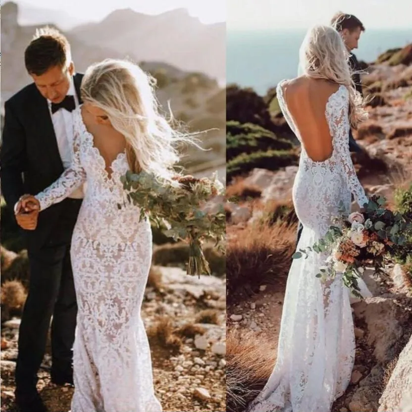

Romantic Wedding Dresses Lace Backless Sexy Mermaid Wedding Dress gelinlik Full Sleeves Bridal Gowns Customized vestido de noiva