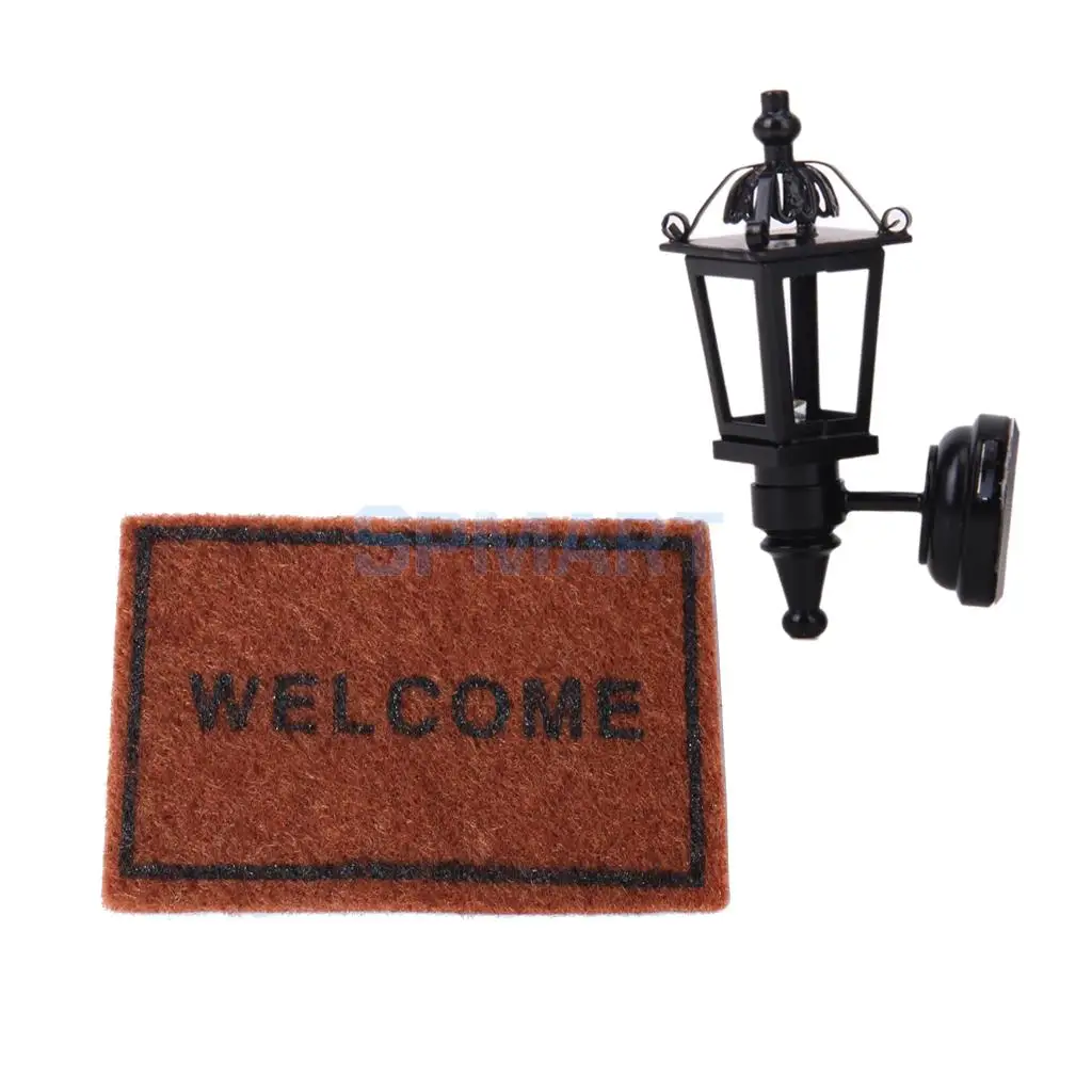 Dolls House Furniture Black LED Wall Lamp & Floor Rug Cover Carpet for 1/12 Dollhouse Miniatures