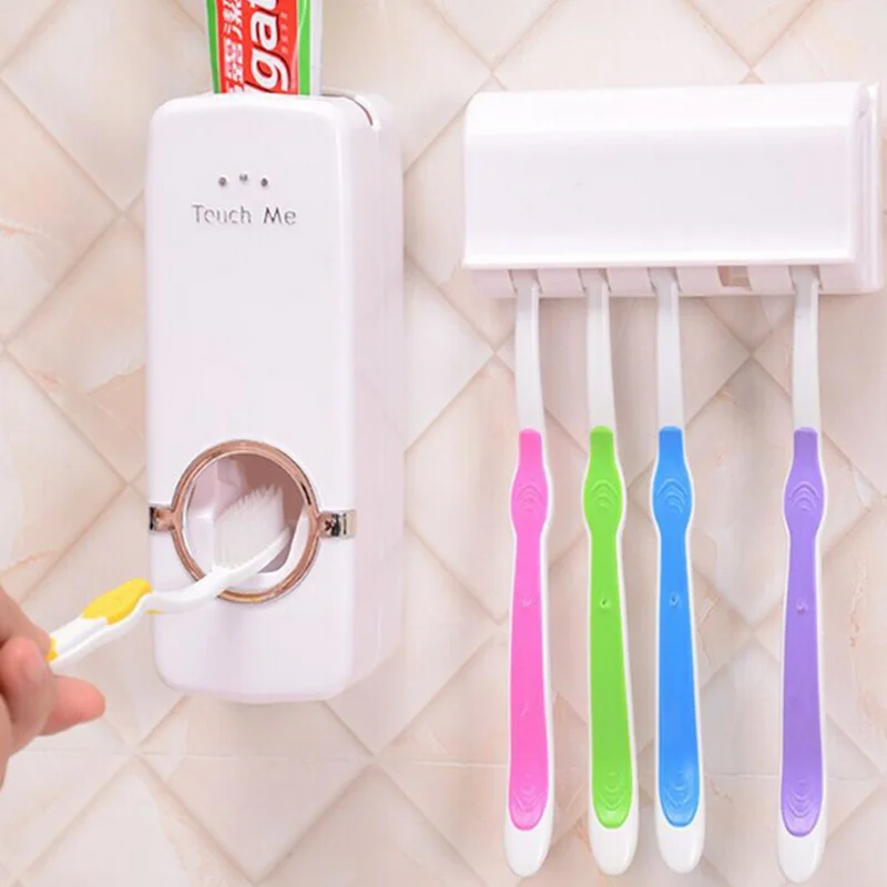 

NEW Fashion bathroom accessories Automatic toothpaste dispenser + toothbrush holder wall toothbrush Family sets