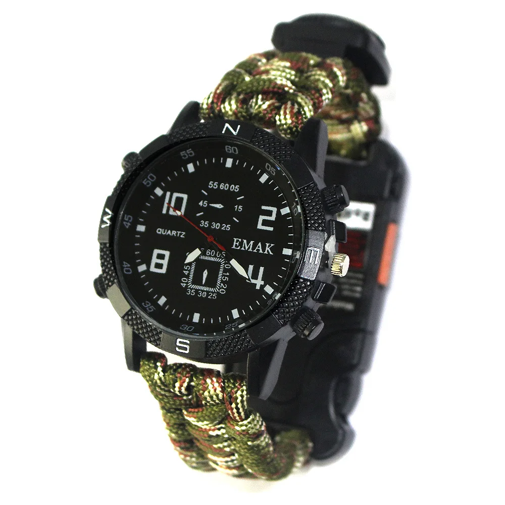 

Hiking Survival Watch Outdoor Camping Travel Tools Kit Rechargeable 2km Infrared SOS LEDLight Paracord Compass Whistle Reflector