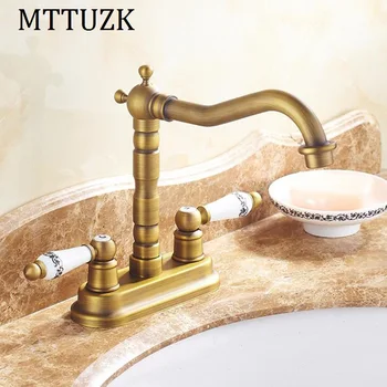 

MTTUZK Free shipping! Antique Brass Deck Mounted Dual Ceramics Cross Handles Bathroom Vessel Sink Basin Faucet Swivel Mixer Tap