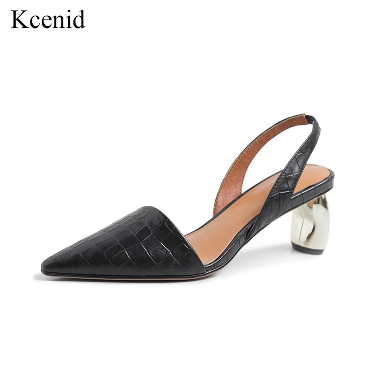 

Kcenid Embossed cow leather high heels slingbacks shoes women fashion pointed toe slip on strange heel elegant pumps black brown