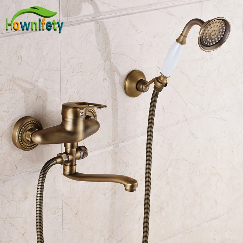 Wall Mount Antique Brass Long Bathroom Tub Spout Mixer Bathroom Shower