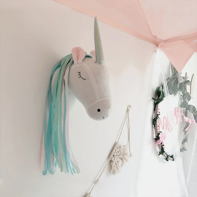 Unicorn Stuffed Animals Plush Toys 3D Animals Head Wall Hanging Mount Girls Kids Room Decoration Children Bedroom Accessories plush doll,anime plush doll